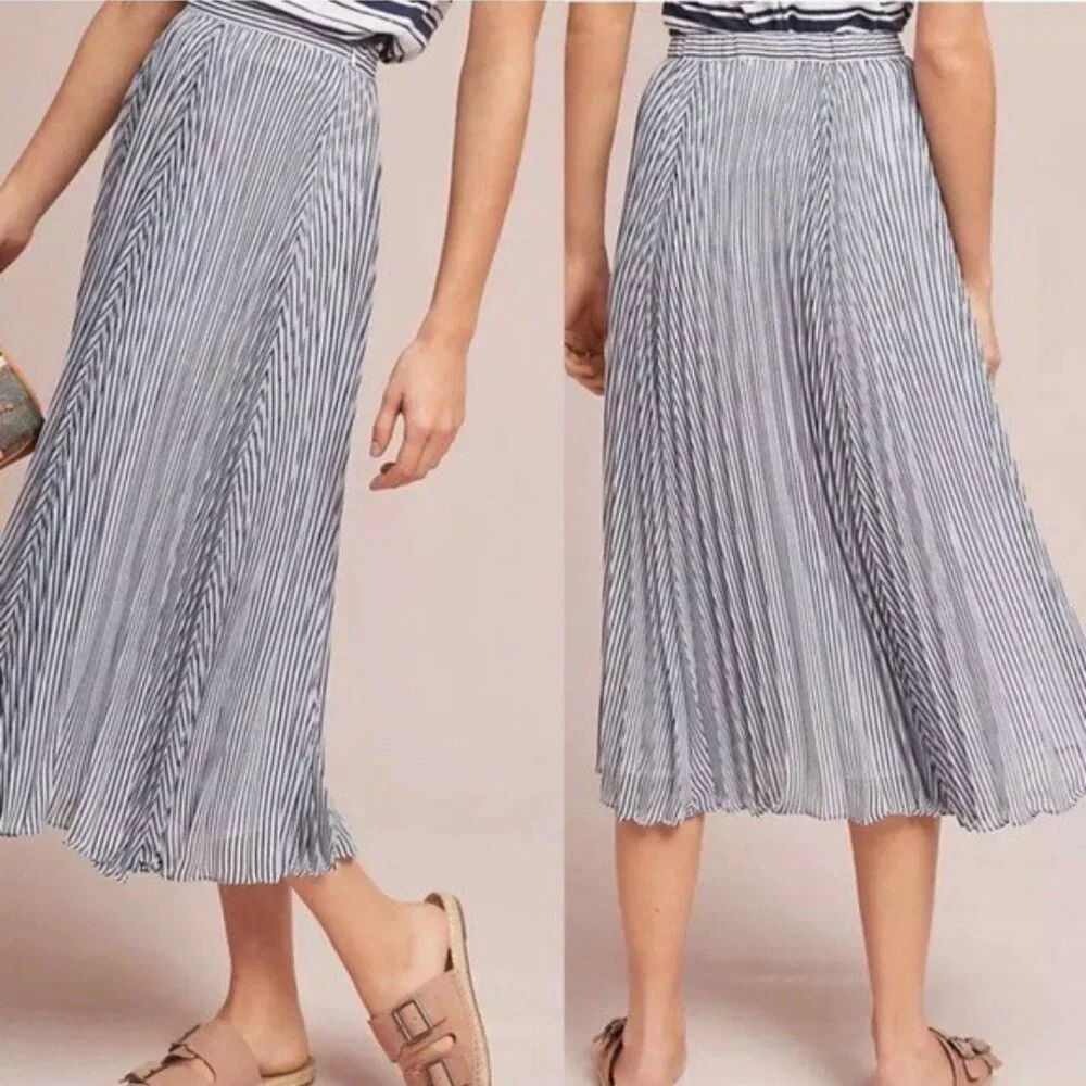 Maeve Anthropologie Pleated Midi Skirt Blue White Stripe M - Picture 7 of 7